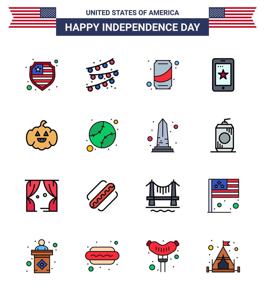 conjunto de 16 iconos del día de los ee.uu. símbolos americanos signos del día de la independencia para los elementos de diseño del vector del día de los ee.uu.