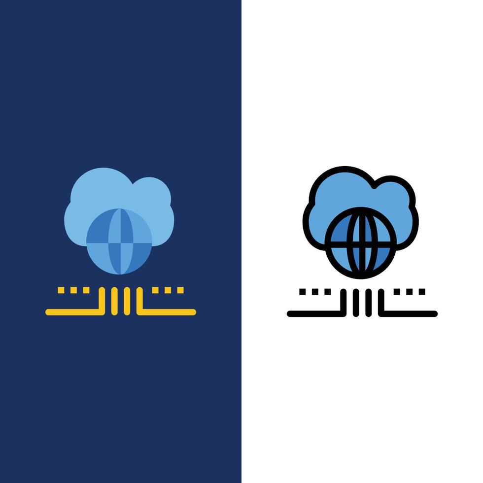 red de marketing mundial iconos de nube plana y línea llena conjunto de iconos vector fondo azul