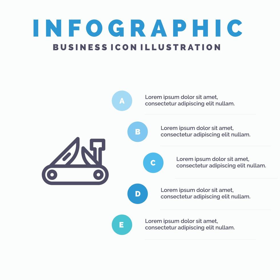 navaja multiherramienta navaja de bolsillo plantilla de infografía azul suiza plantilla de icono de línea de vector de 5 pasos