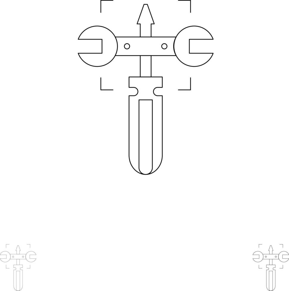 Setting Gear Wrench Screw Bold and thin black line icon set vector