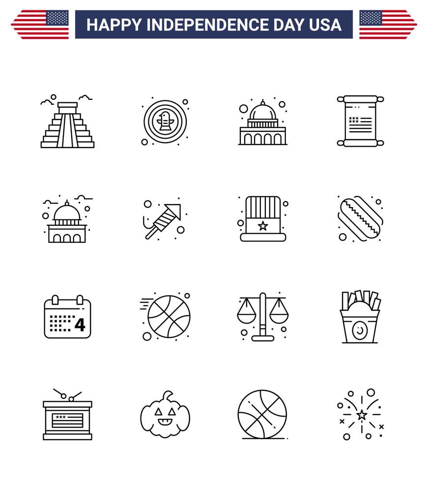 Pack of 16 creative USA Independence Day related Lines of building american badge text wisconsin Editable USA Day Vector Design Elements