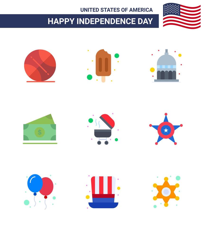 Set of 9 USA Day Icons American Symbols Independence Day Signs for grill barbecue indianapolis usa money Editable USA Day Vector Design Elements