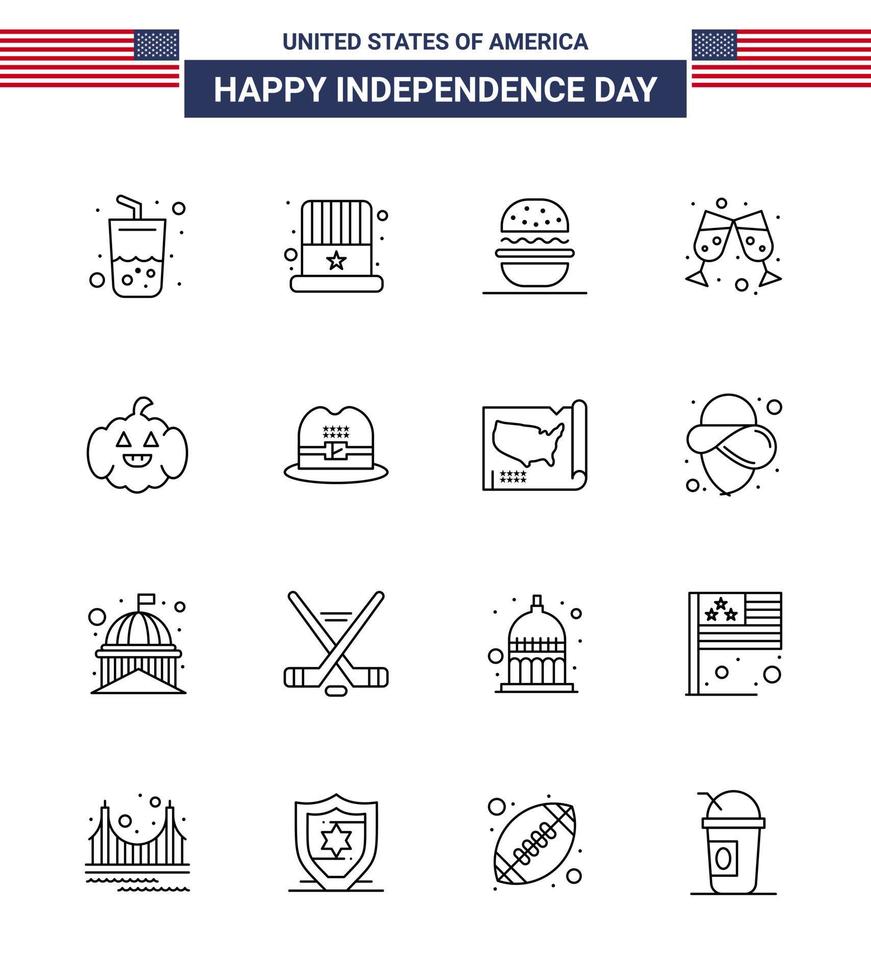 Group of 16 Lines Set for Independence day of United States of America such as usa pumkin burger wine glass beer Editable USA Day Vector Design Elements