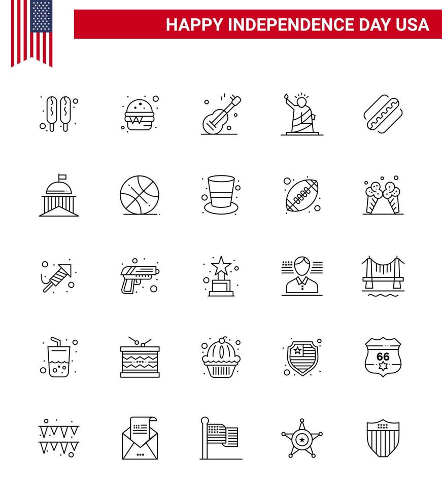 paquete de iconos de vector de stock de día americano 25 signos y símbolos de línea para la estatua de la música estadounidense estados unidos elementos de diseño vectorial editables del día de estados unidos