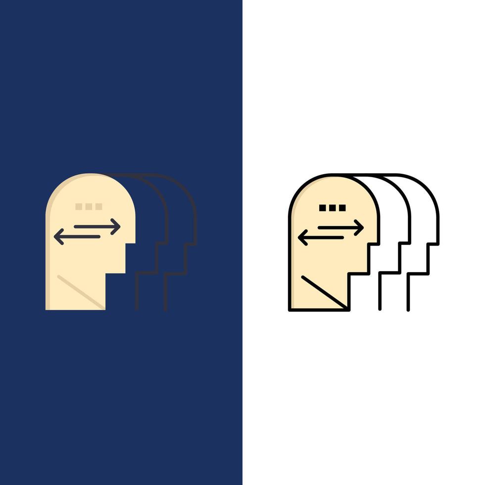 personalidad carácter mente cabeza iconos plano y línea llena icono conjunto vector fondo azul