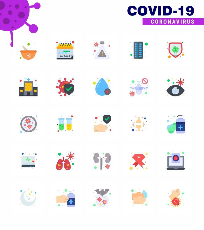 25 Flat Color Set of corona virus epidemic icons such as disease protection flask pill capsule viral coronavirus 2019nov disease Vector Design Elements