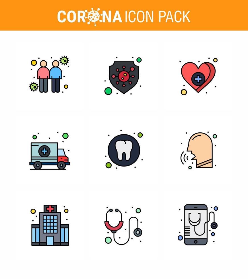 covid19 protección coronavirus pendamic 9 línea llena conjunto de iconos de color plano como transporte de salud corazón hospital ambulancia coronavirus viral 2019nov enfermedad vector elementos de diseño