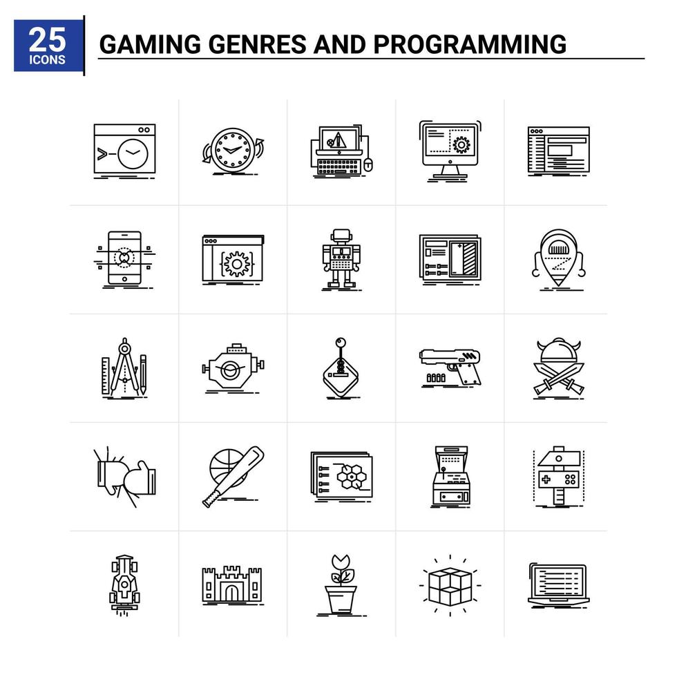 25 géneros de juegos y conjunto de iconos de programación de fondo vectorial vector