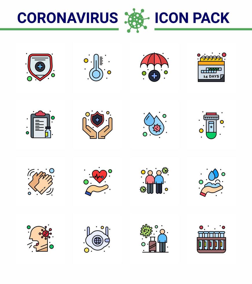 Novel Coronavirus 2019nCoV 16 Flat Color Filled Line icon pack vaccine list insurance service drug quarantine viral coronavirus 2019nov disease Vector Design Elements