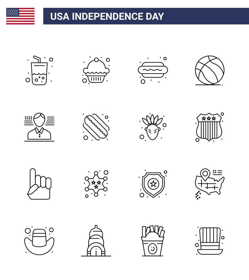 conjunto moderno de 16 líneas y símbolos en el día de la independencia de estados unidos, como el hombre de la bandera, el perro, la bola de estados unidos, los elementos de diseño vectorial del día de estados unidos editables vector