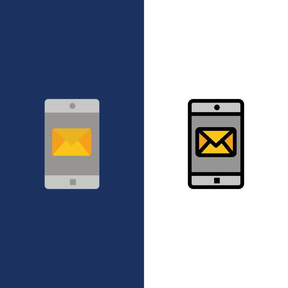 aplicación móvil aplicación móvil iconos de correo plano y lleno de línea conjunto de iconos vector fondo azul