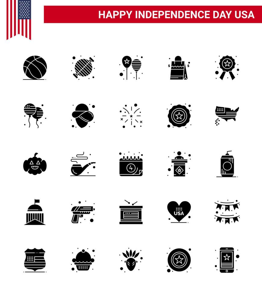 25 Solid Glyph Signs for USA Independence Day american handbag party bag party Editable USA Day Vector Design Elements