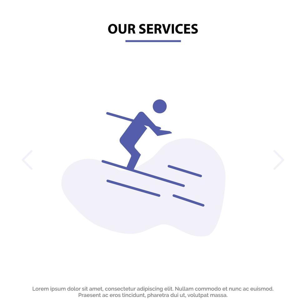 Our Services Activity Ski Skiing Sportsman Solid Glyph Icon Web card Template vector