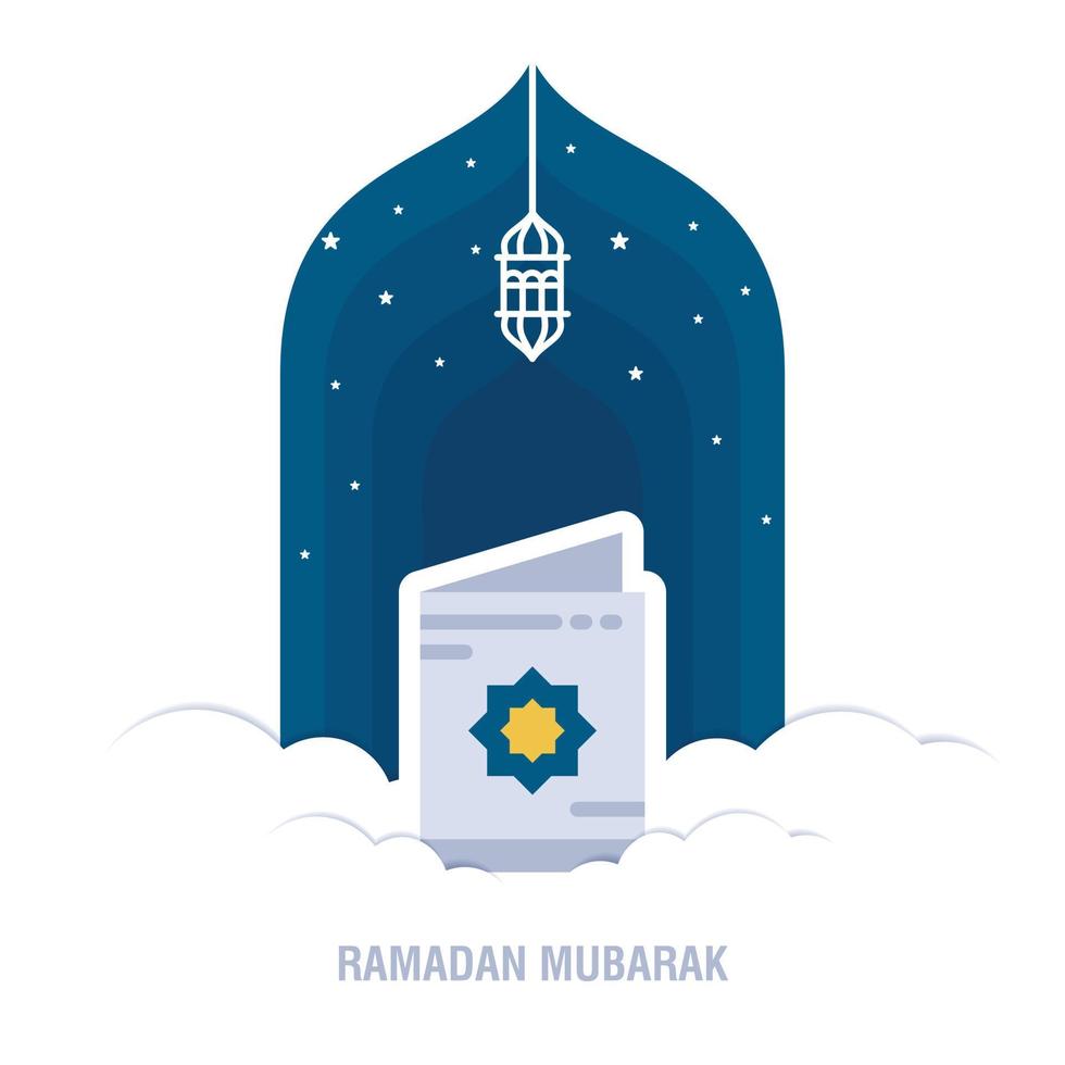 Ramadan Kareem islamic design crescent moon and mosque dome silhouette with arabic pattern and calligraphy vector