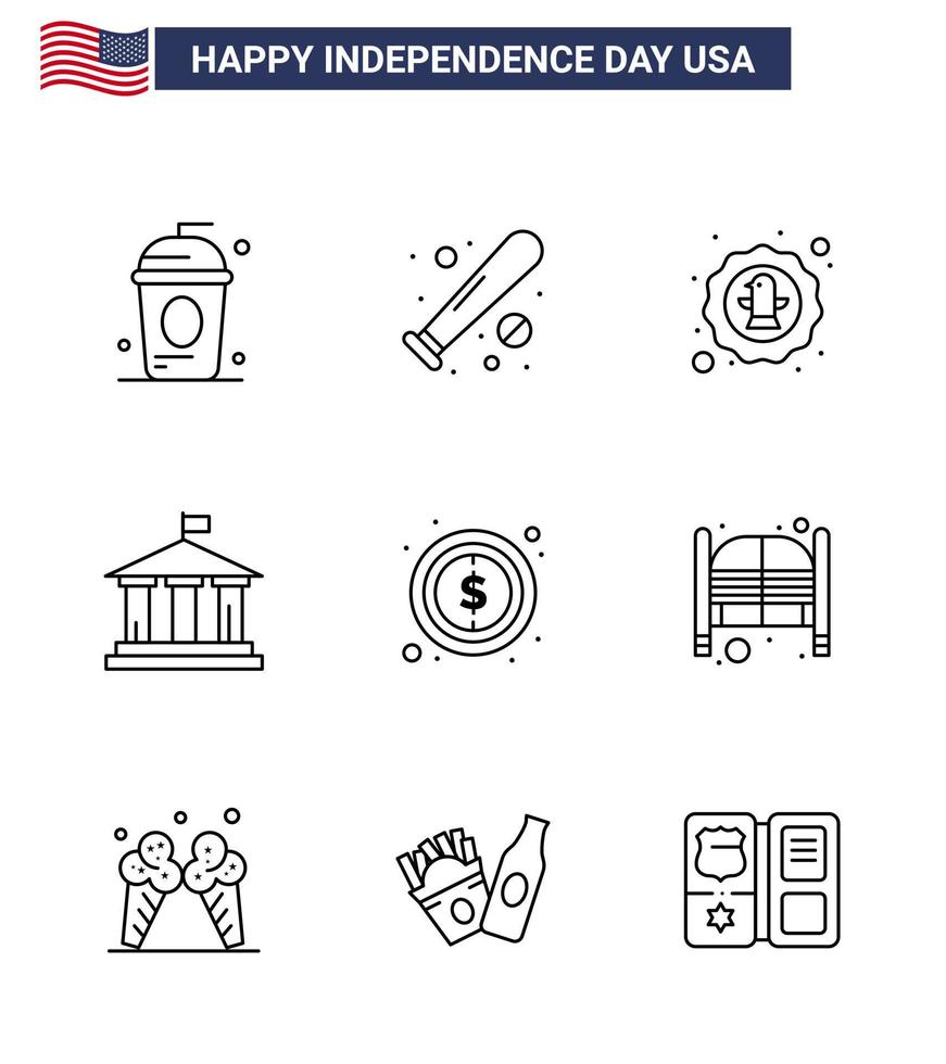 Big Pack of 9 USA Happy Independence Day USA Vector Lines and Editable Symbols of american bank sports badge celebration Editable USA Day Vector Design Elements