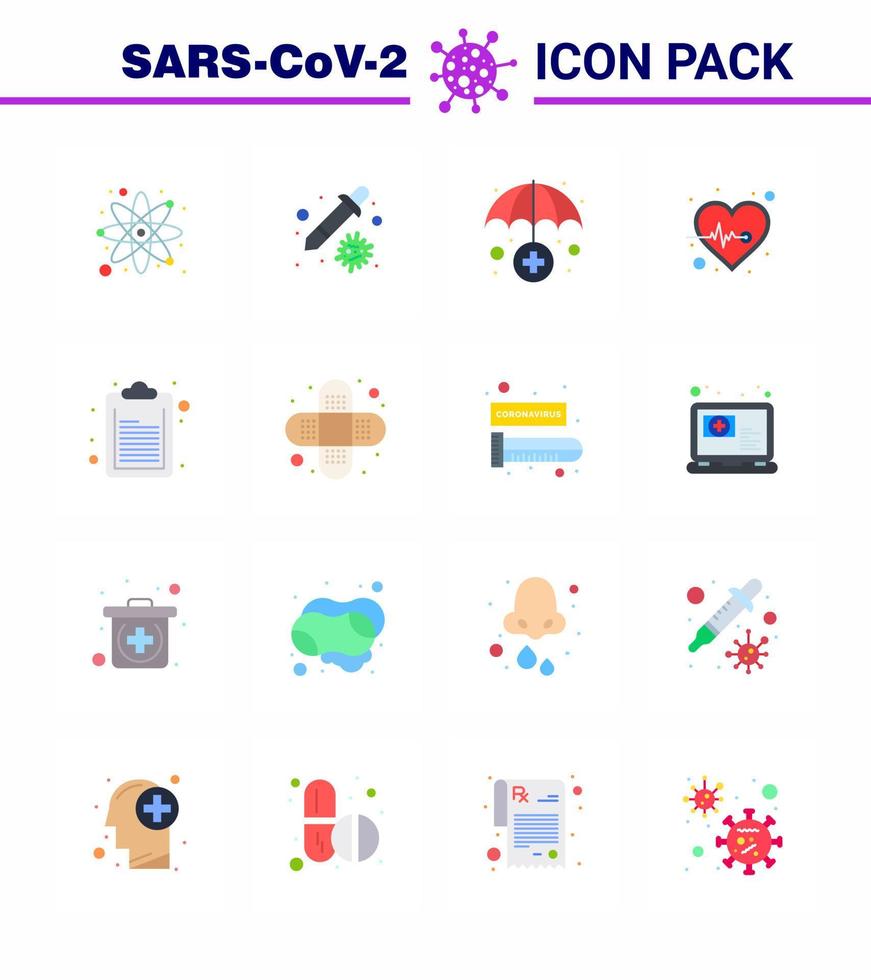 16 Flat Color viral Virus corona icon pack such as list check list insurance health care heart viral coronavirus 2019nov disease Vector Design Elements