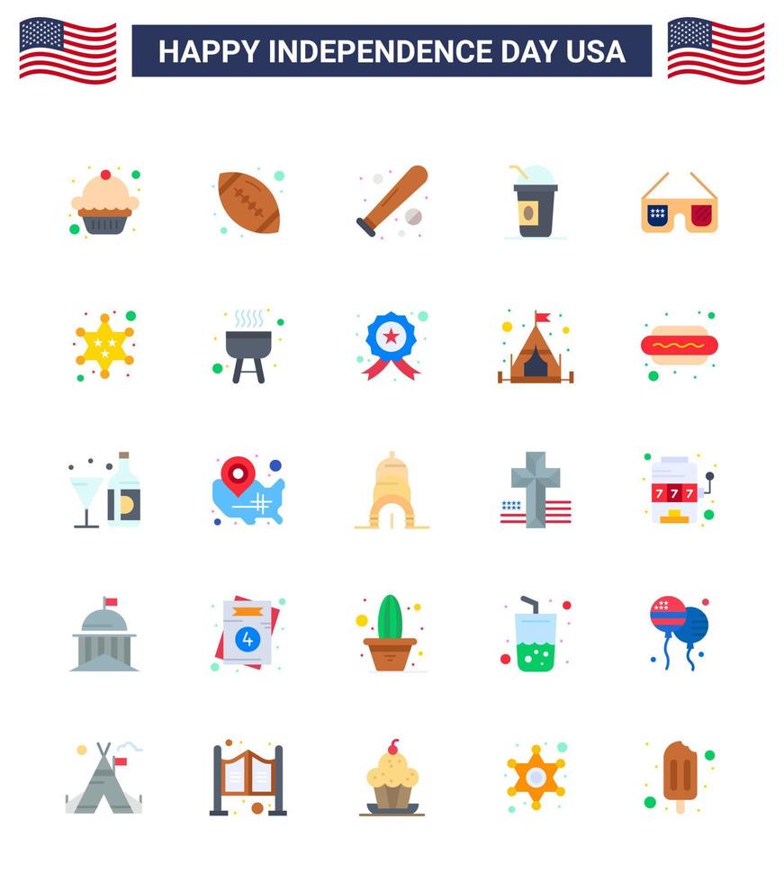 Happy Independence Day Pack of 25 Flats Signs and Symbols for glasses states baseball limonade america Editable USA Day Vector Design Elements