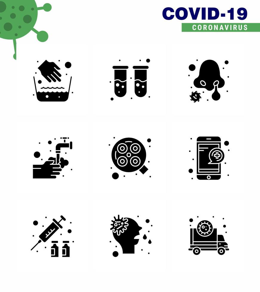 Coronavirus awareness icons 9 Solid Glyph Black icon Corona Virus Flu Related such as light water cold washing hands viral coronavirus 2019nov disease Vector Design Elements