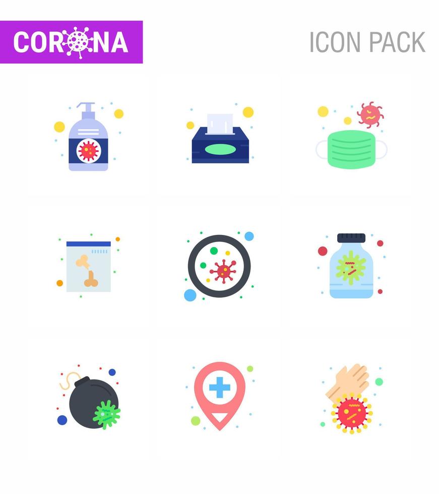 Coronavirus Precaution Tips icon for healthcare guidelines presentation 9 Flat Color icon pack such as blood xray tissue box skull safety viral coronavirus 2019nov disease Vector Design Elements