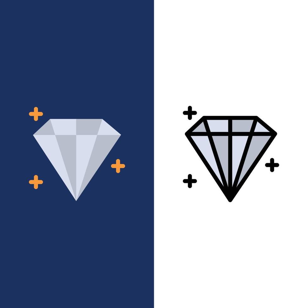 iconos de usuario de joyas de diamantes planos y llenos de línea conjunto de iconos vector fondo azul