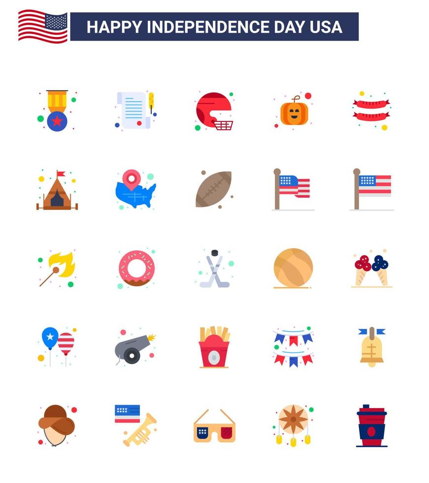 conjunto de 25 paquetes de pisos modernos en el día de la independencia de estados unidos frankfurter usa festival fútbol calabaza unido elementos de diseño de vector de día de estados unidos editables