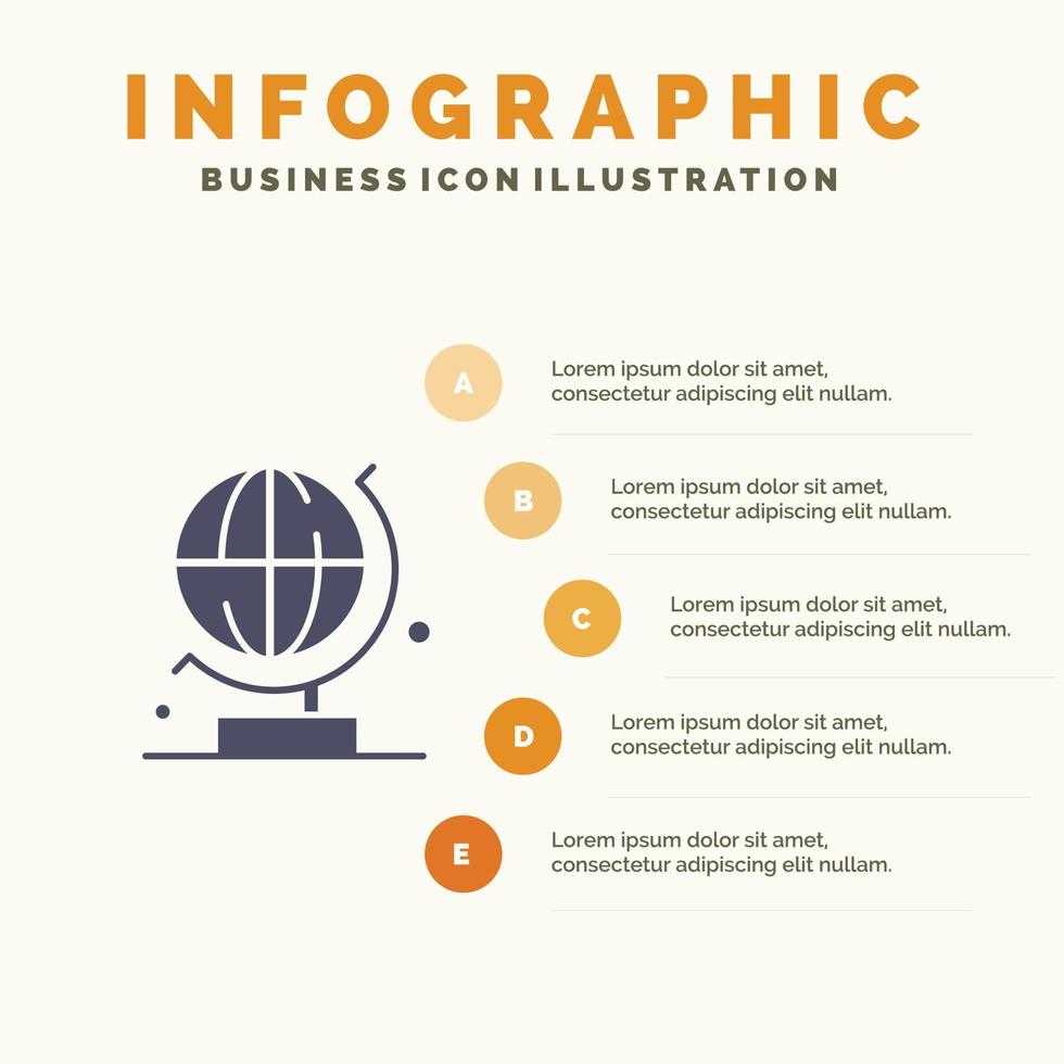 mundo globo ciencia sólido icono infografía 5 pasos presentación antecedentes vector