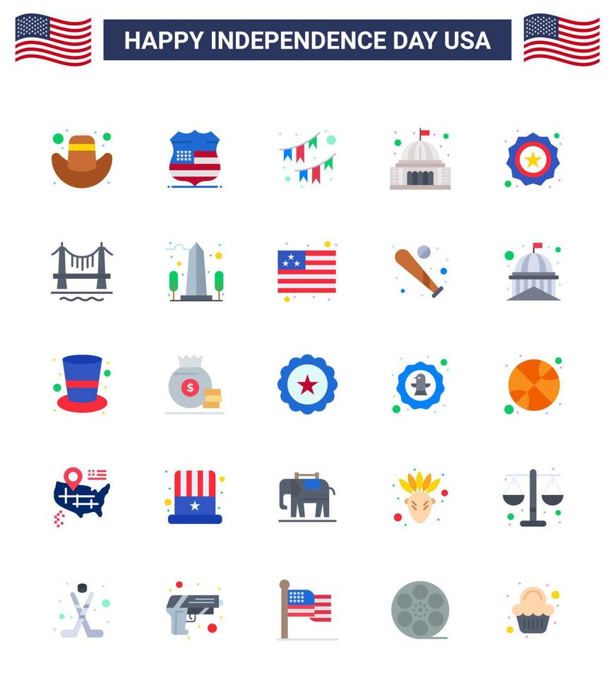 Editable Vector Flat Pack of USA Day 25 Simple Flats of american landmark buntings house place Editable USA Day Vector Design Elements