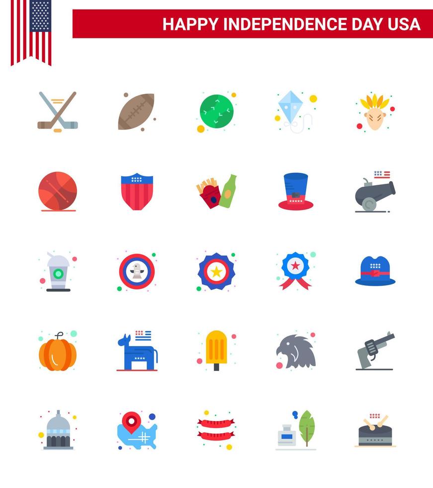 Pack of 25 USA Independence Day Celebration Flats Signs and 4th July Symbols such as thanksgiving american american flying kite Editable USA Day Vector Design Elements