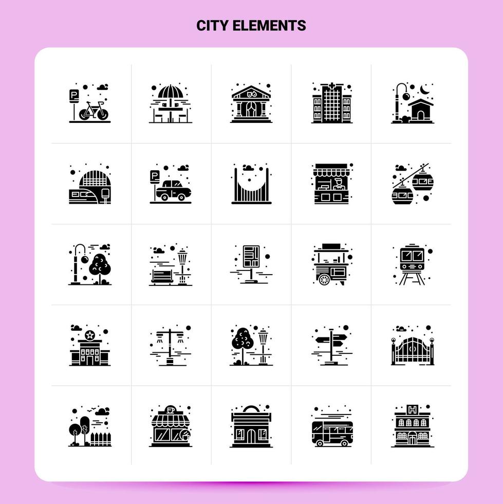 Solid 25 City Elements Icon set Vector Glyph Style Design Black Icons Set Web and Mobile Business ideas design Vector Illustration