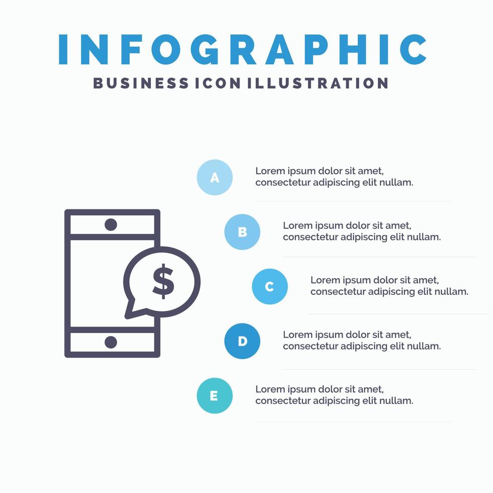 icono de línea de dólar de dinero de celda móvil con fondo de infografía de presentación de 5 pasos vector