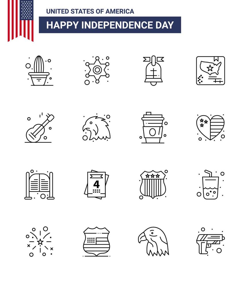 Big Pack of 16 USA Happy Independence Day USA Vector Lines and Editable Symbols of music world ball map american Editable USA Day Vector Design Elements