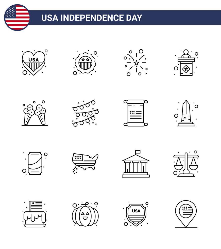 Happy Independence Day 16 Lines Icon Pack for Web and Print ice sign firework stage usa Editable USA Day Vector Design Elements
