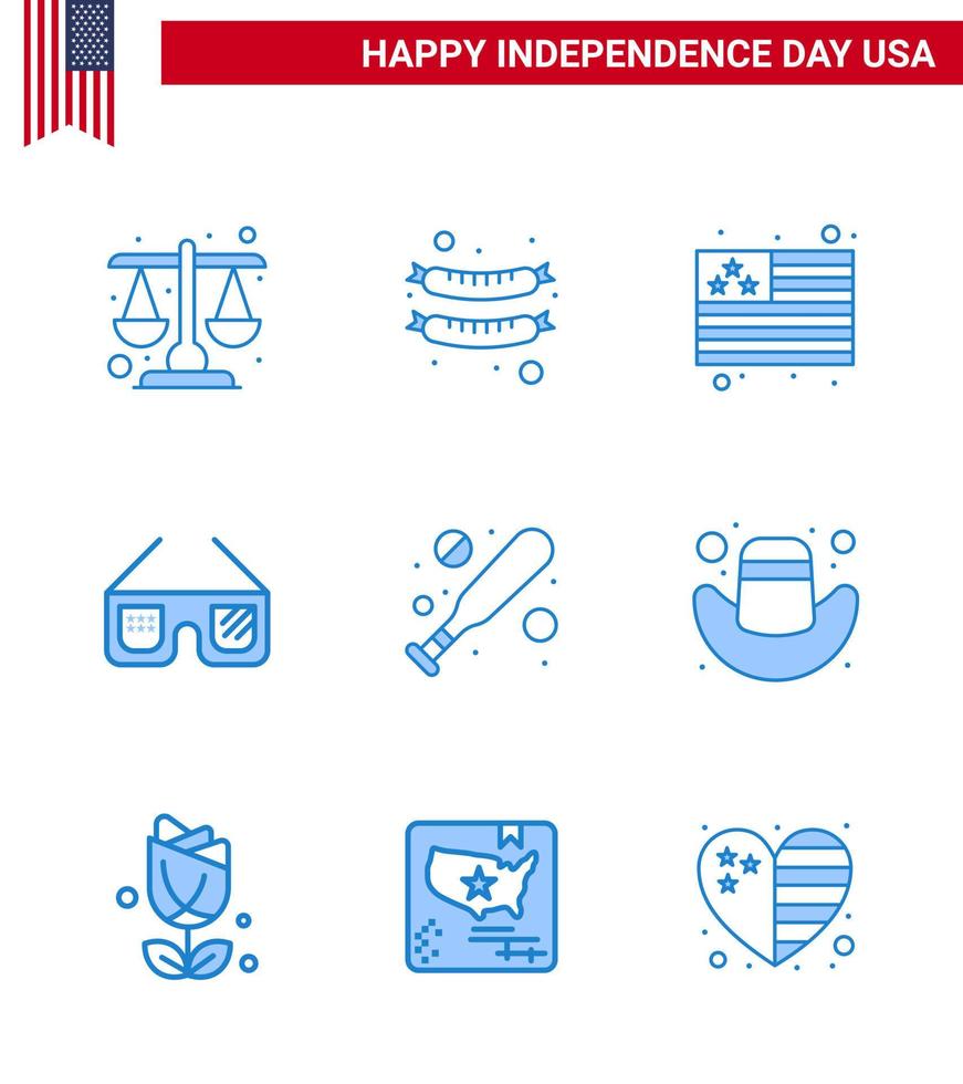 Pack of 9 creative USA Independence Day related Blues of american bat flag baseball imerican Editable USA Day Vector Design Elements