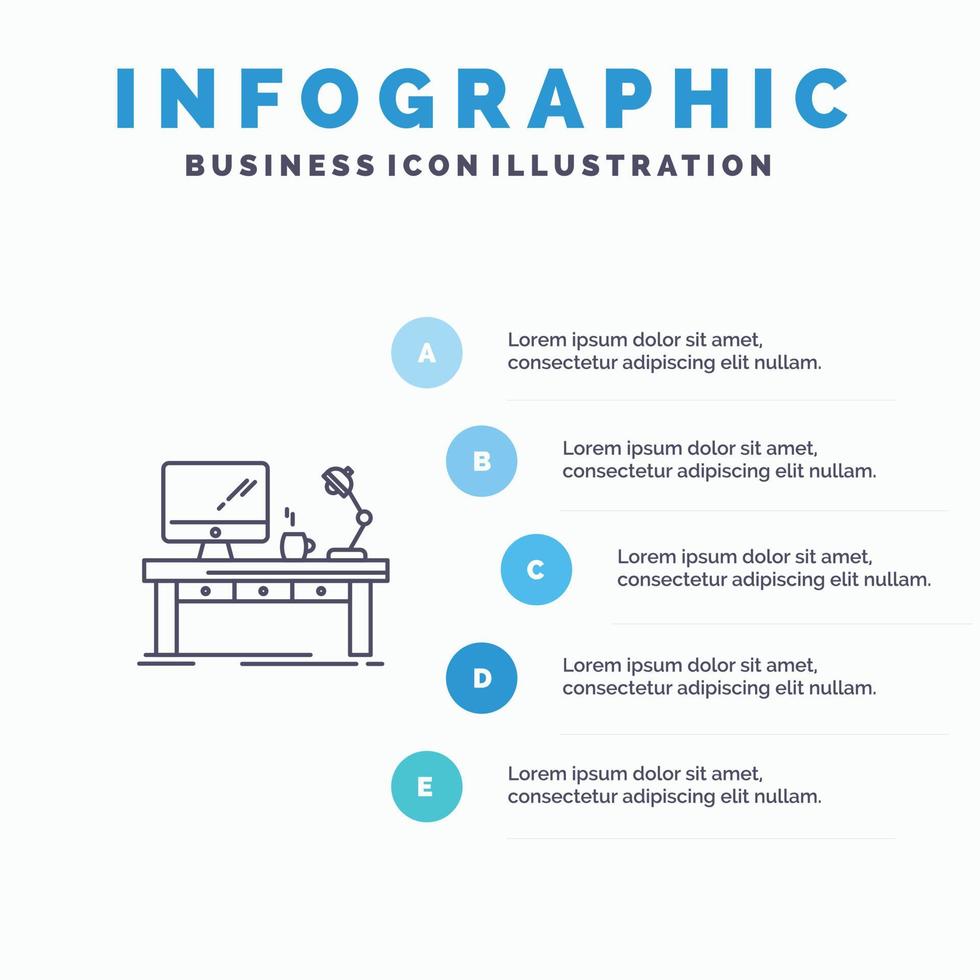 icono de línea de mesa de oficina de lámpara de escritorio de computadora de negocios de lugar de trabajo con fondo de infografía de presentación de 5 pasos vector