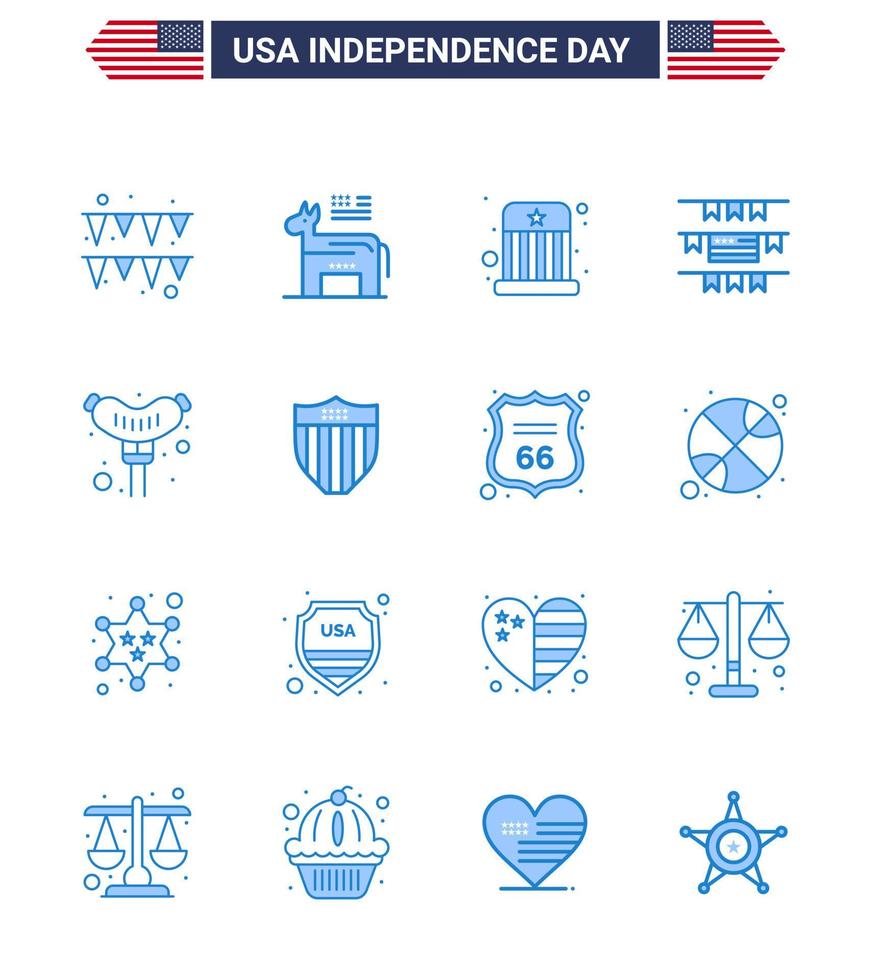 16 USA Blue Pack of Independence Day Signs and Symbols of american frankfurter entertainment food party decoration Editable USA Day Vector Design Elements