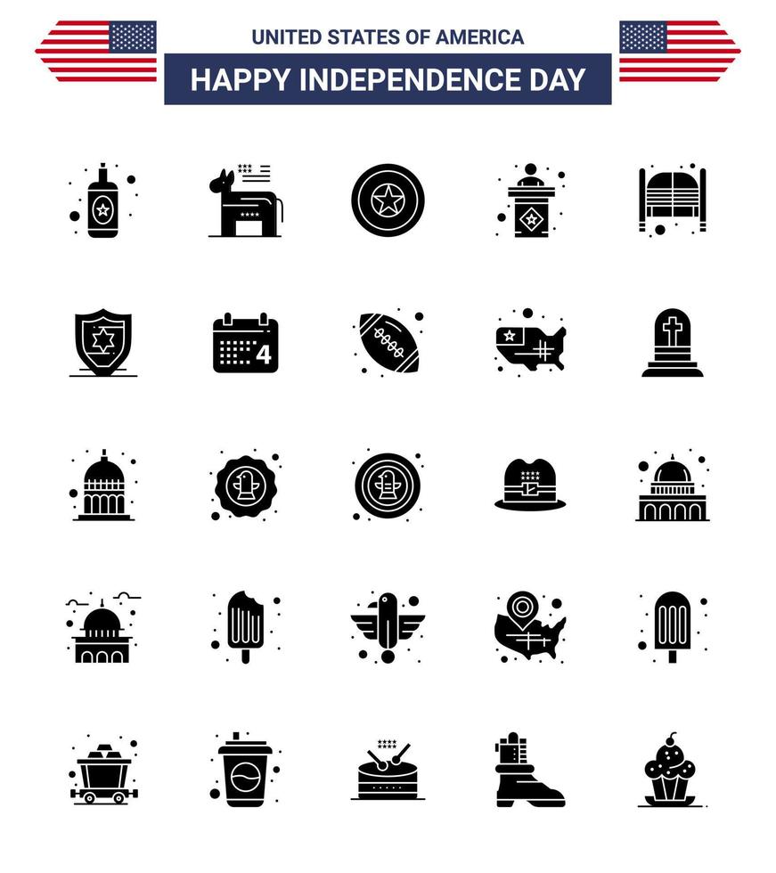 Modern Set of 25 Solid Glyph and symbols on USA Independence Day such as saloon bar independece sign election Editable USA Day Vector Design Elements