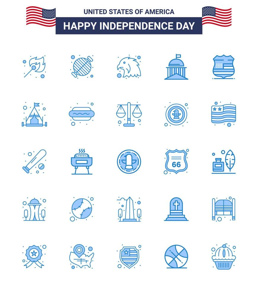 Set of 25 Modern Blues pack on USA Independence Day shield ireland party green city Editable USA Day Vector Design Elements