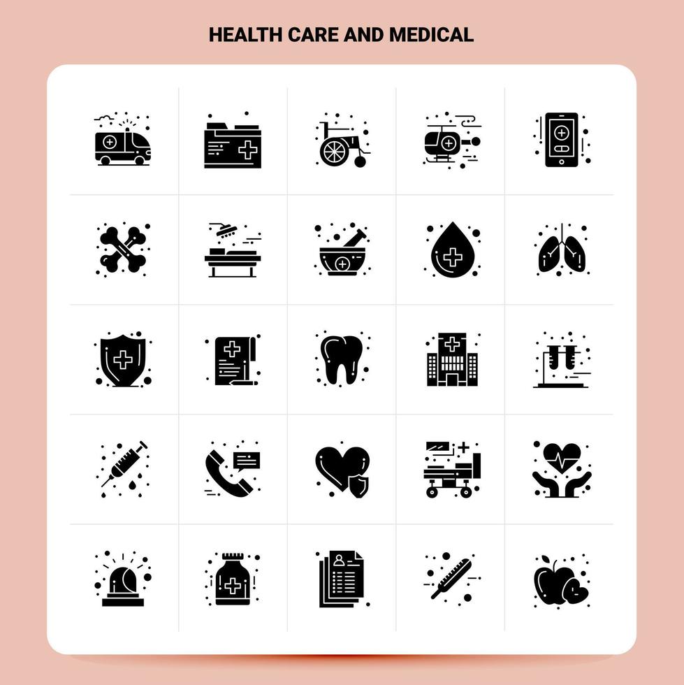 sólido 25 cuidado de la salud y conjunto de iconos médicos diseño de estilo de glifo vectorial conjunto de iconos negros diseño de ideas de negocios web y móviles ilustración vectorial vector