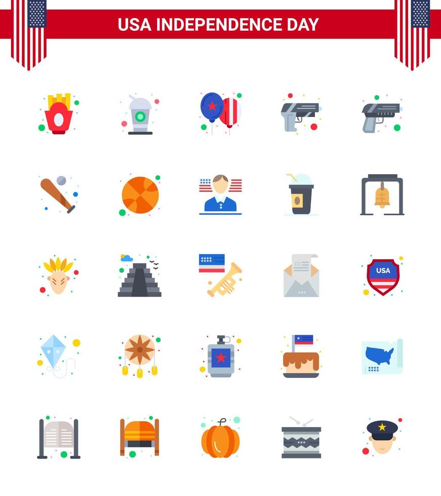 Editable Vector Flat Pack of USA Day 25 Simple Flats of baseball weapon balloons army gun Editable USA Day Vector Design Elements