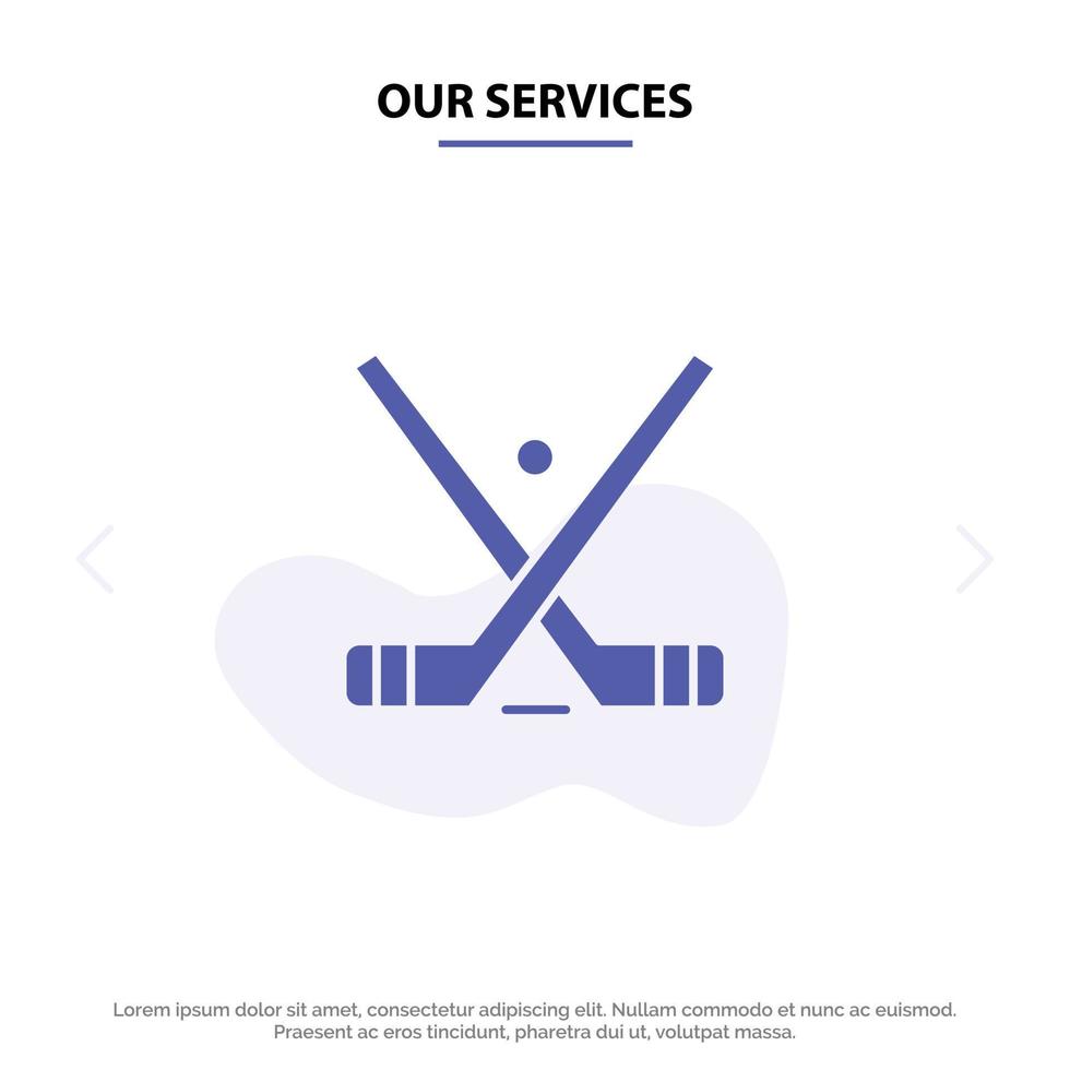 nuestros servicios emblema hockey palo de hielo palos icono de glifo sólido plantilla de tarjeta web vector