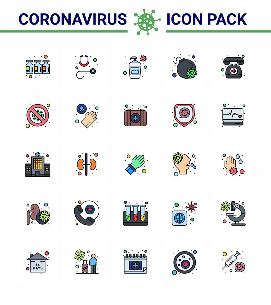 25 Flat Color Filled Line coronavirus epidemic icon pack suck as emergency medical assistance cream doctor on call bomb viral coronavirus 2019nov disease Vector Design Elements