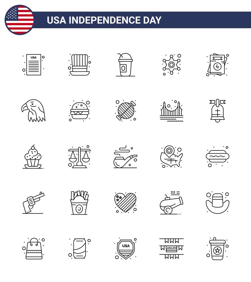 Modern Set of 25 Lines and symbols on USA Independence Day such as usa invitation american police sign police Editable USA Day Vector Design Elements