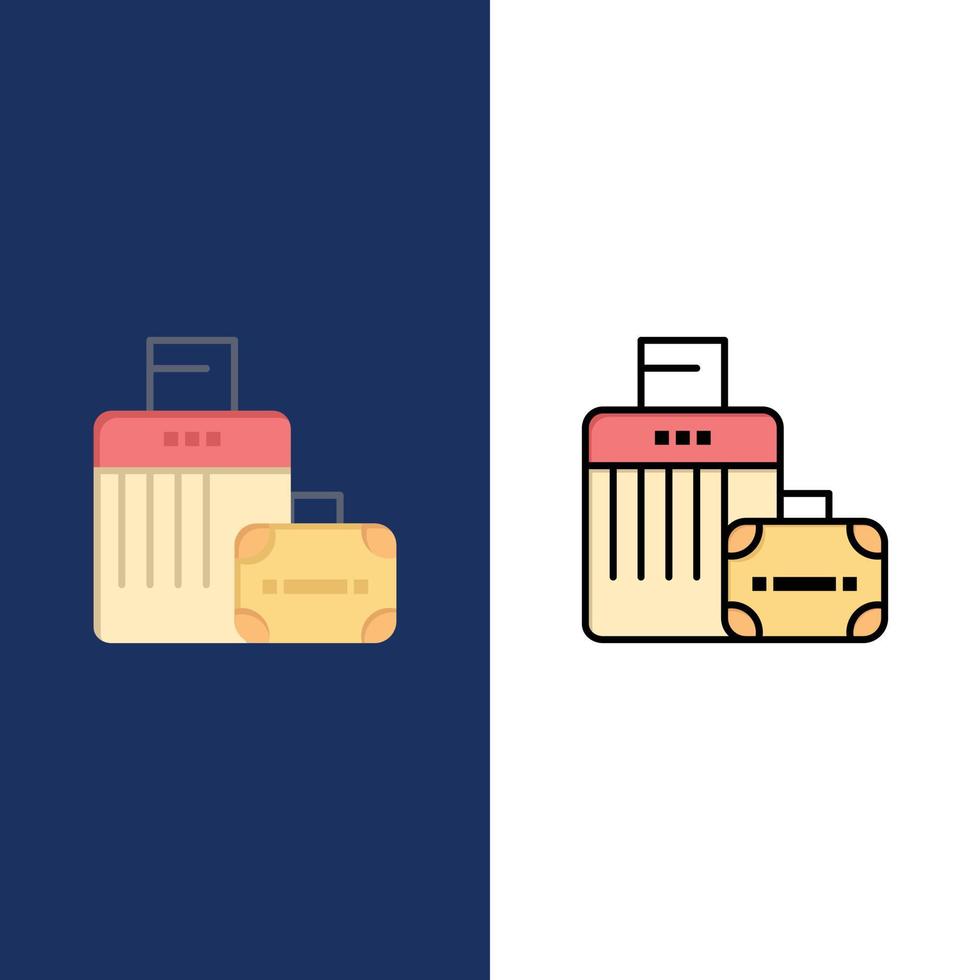 bolsa de equipaje bolso hotel iconos planos y llenos de línea conjunto de iconos vector fondo azul