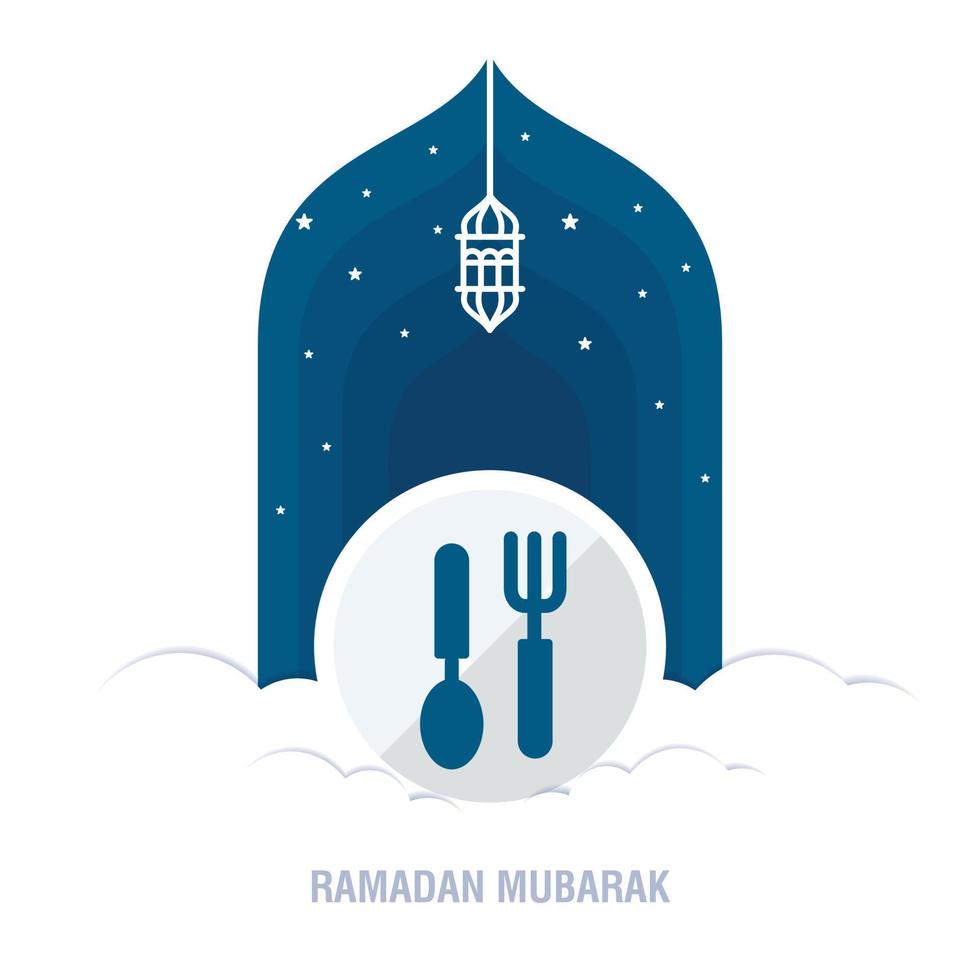 Ramadan Kareem islamic design crescent moon and mosque dome silhouette with arabic pattern and calligraphy vector