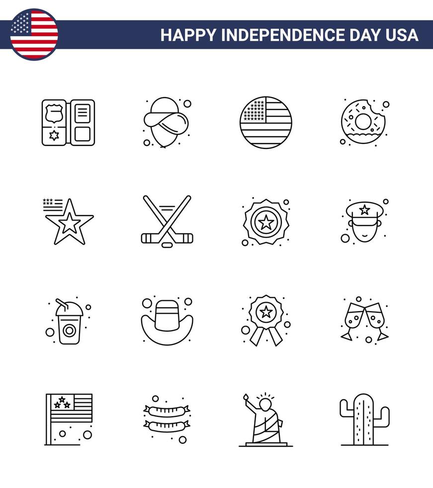 Happy Independence Day 4th July Set of 16 Lines American Pictograph of flag star flag food round Editable USA Day Vector Design Elements