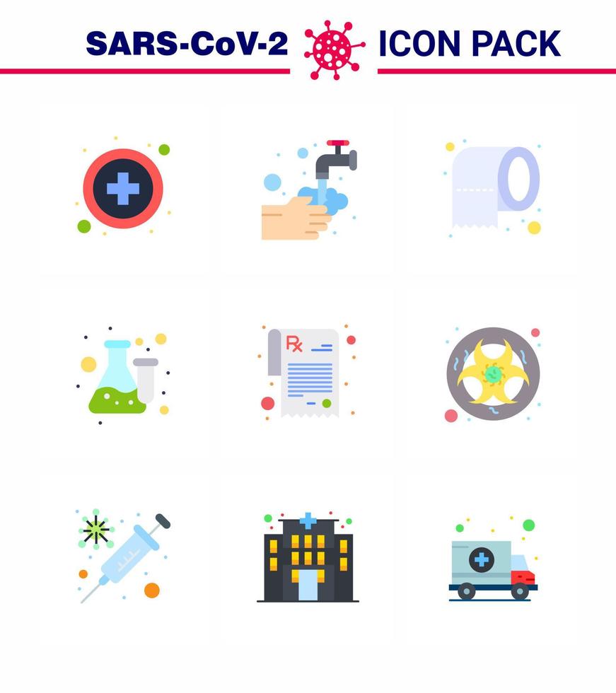 CORONAVIRUS 9 Flat Color Icon set on the theme of Corona epidemic contains icons such as pharmacy laboratory cleaning lab chemistry viral coronavirus 2019nov disease Vector Design Elements