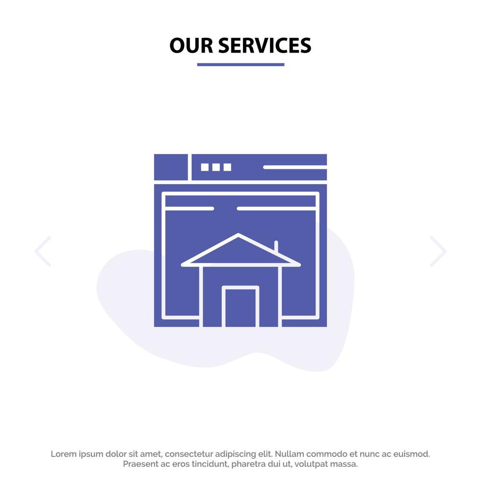 Our Services Home Sell Web Layout Page Website Solid Glyph Icon Web card Template vector