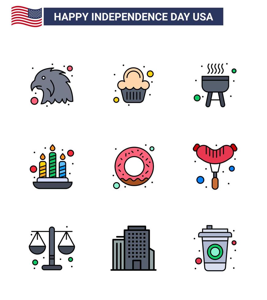 Pack of 9 USA Independence Day Celebration Flat Filled Lines Signs and 4th July Symbols such as frankfurter nutrition bbq food light Editable USA Day Vector Design Elements