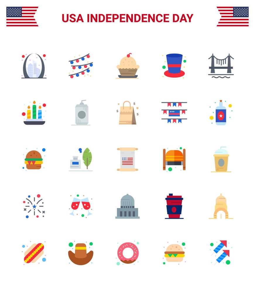 feliz día de la independencia paquete de iconos de 25 pisos para web e impresión bridge hat cake cap acción de gracias elementos de diseño vectorial editables del día de estados unidos vector