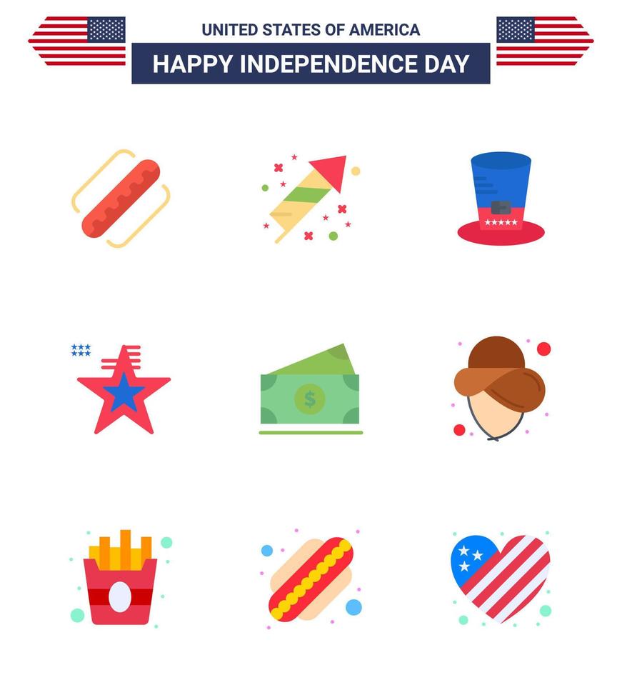 usa feliz día de la independencia pictograma conjunto de 9 pisos simples de dinero usa day flag star editable usa day elementos de diseño vectorial vector